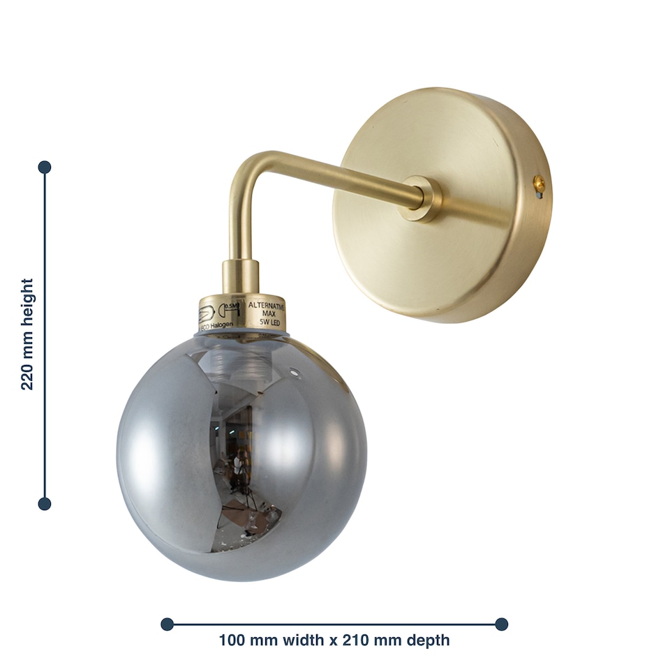 image 1 of Set of 2 Toner - Satin Brass with Smoked Glass Globe Wall Lights | Gold | Grey | 2