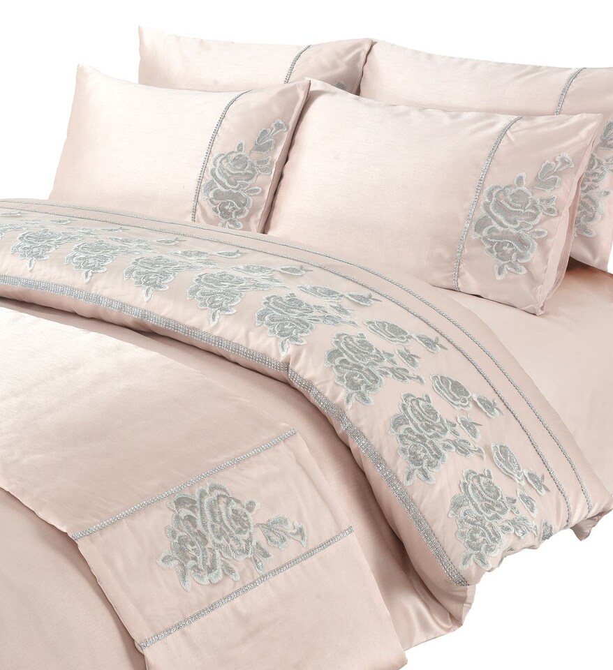 Duvet Cover And Pillowcase Set Silver Or Pink Embroided Luxury Design Polyester Bed Linen | Pink | Double