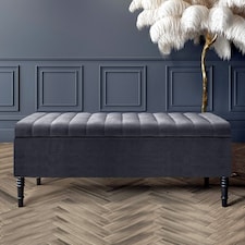 120cm Paris Striped Ottoman Storage Bench -Upholstered Shoes Bench with Black Turned Wooden Legs - Charcoal Naple Ottoman Bench