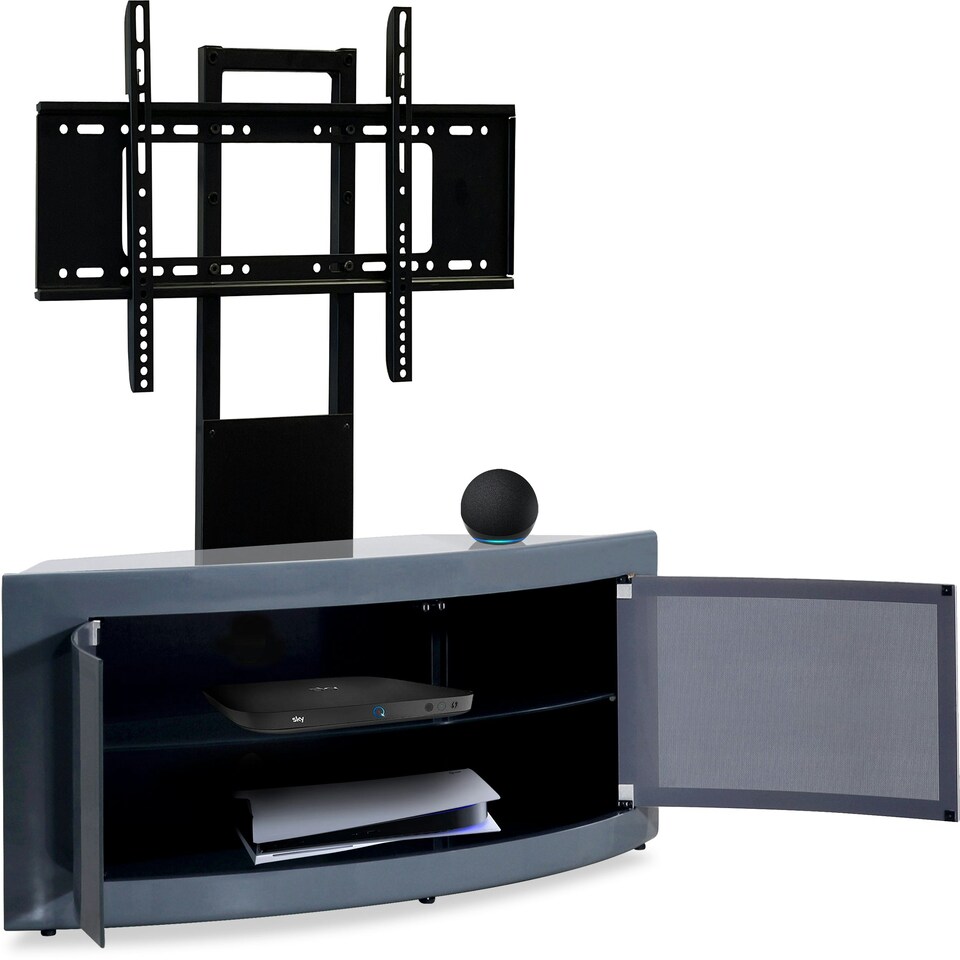 image 1 of Centurion Supports PANGEA Grey Beam-Thru Curved True-Corner 32"-50" TV Cabinet with Mounting Arm Grey
