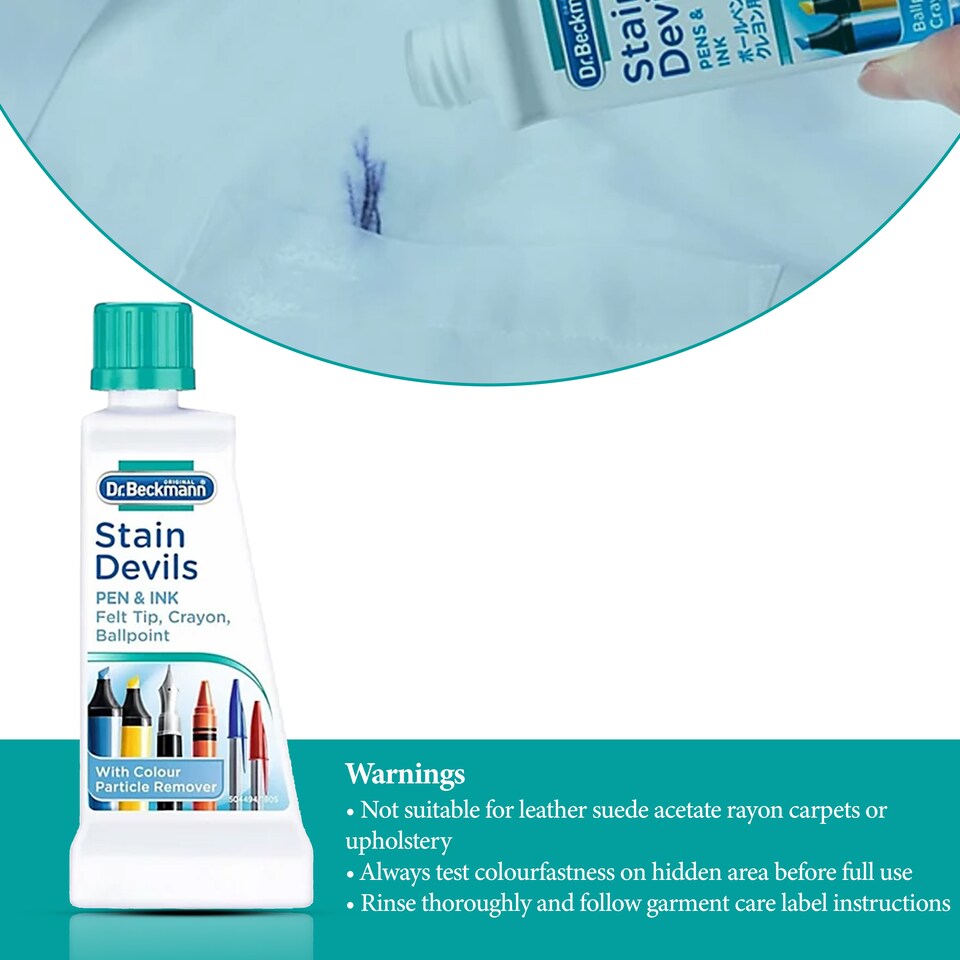 image 1 of Dr Beckmann Stain Devils Pen and Ink Remover Fabric Stain Cleaner for Ballpoint Fountain and Felt Tip Ink 50ml Pack of 2
