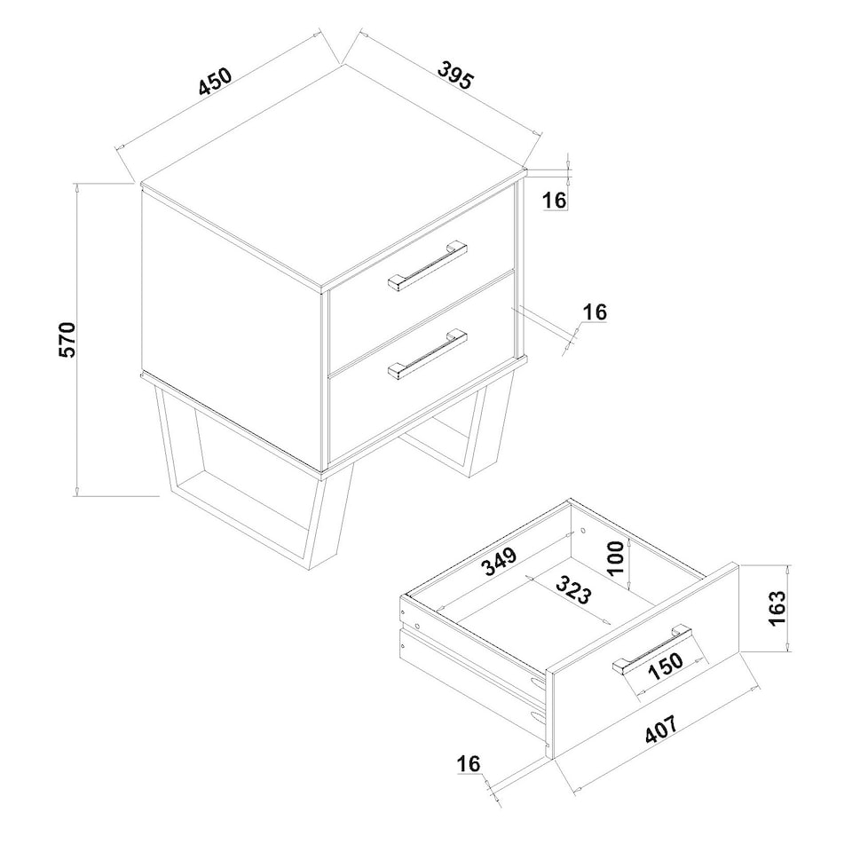 image 1 of Texas 2 Drawer Bedside Cabinet - Industrial Style with Real Wood and Metal Legs | Grey | Grey Waxed Pine | One Size | 1