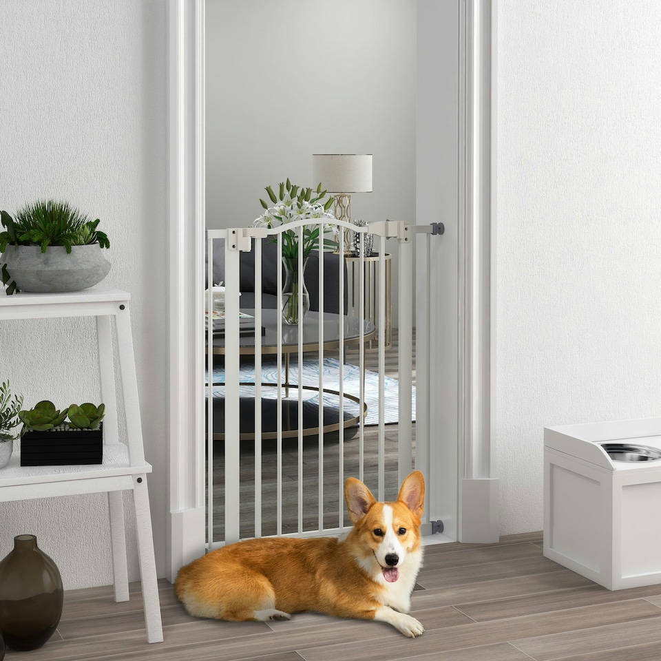 image 1 of PawHut 74-80cm Adjustable Metal Pet Gate Safety Barrier w/ Auto-Close Door White
