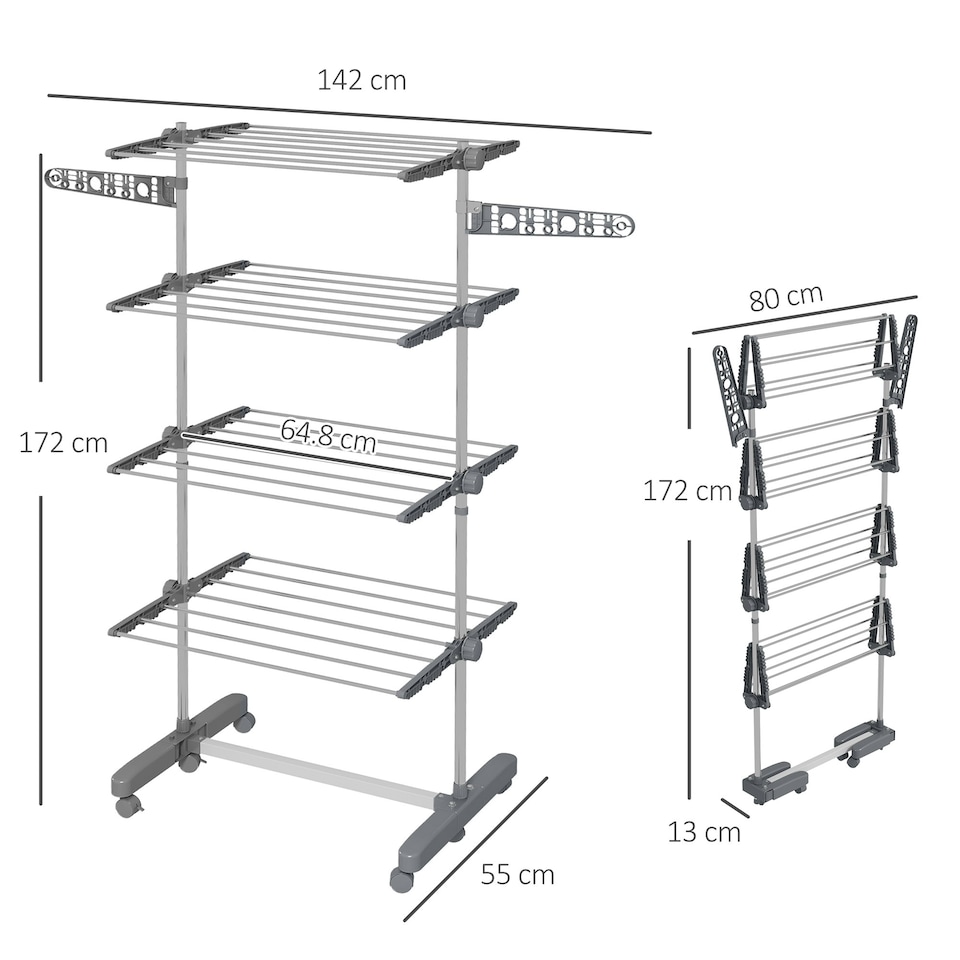 image 1 of HOMCOM 4-Tier Large Clothes Airer Stainless Steel Clothes Drying Rack Grey