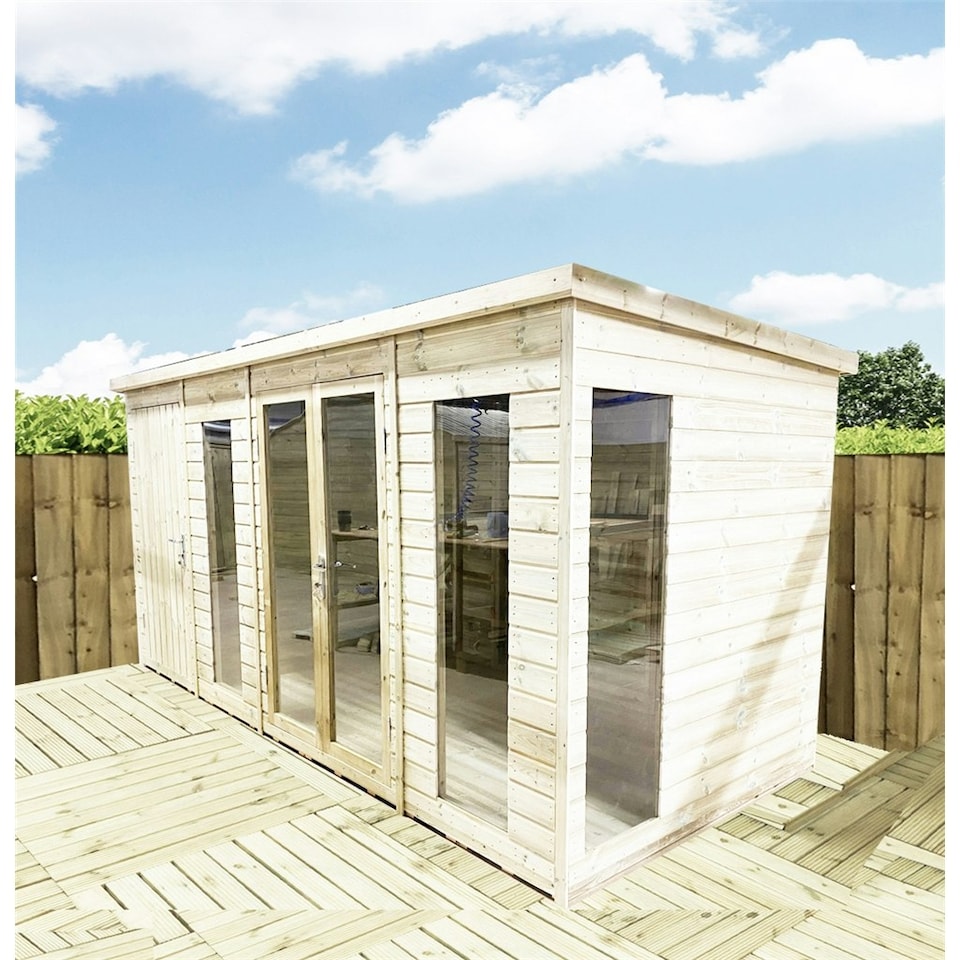 image 1 of 24 x 10 COMBI Pent Summerhouse + Side Shed Storage - Pressure Treated Tongue & Groove + Toughened Safety Glass (24' x10' / 24ft x 10ft) (24x10)