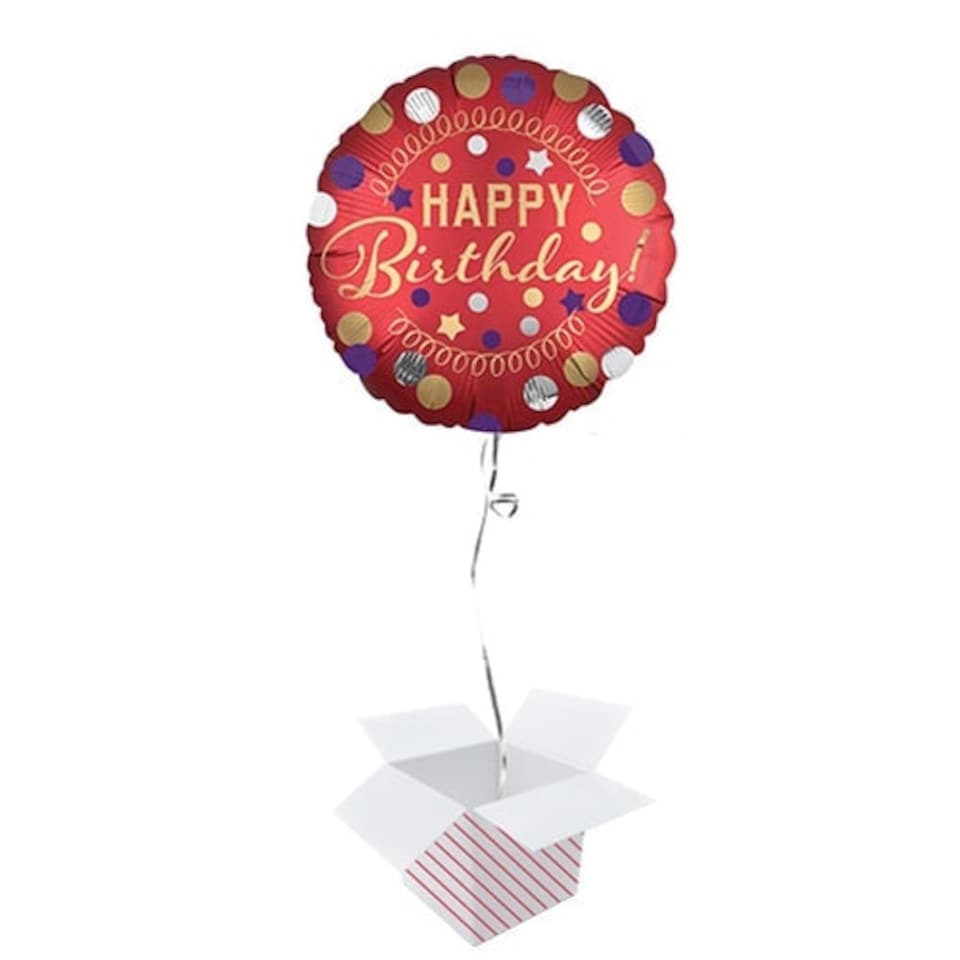 Happy Birthday Red Satin Round Foil Helium Balloon - Inflated Balloon in a Box