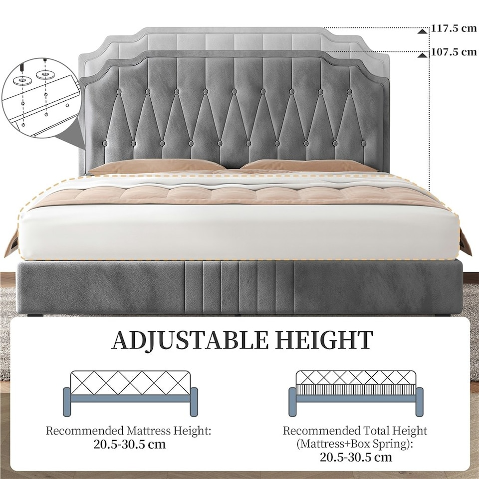 image 1 of Yaheetech 5ft King Upholstered Bed Frame with Button-Tufted Headboard Light Grey