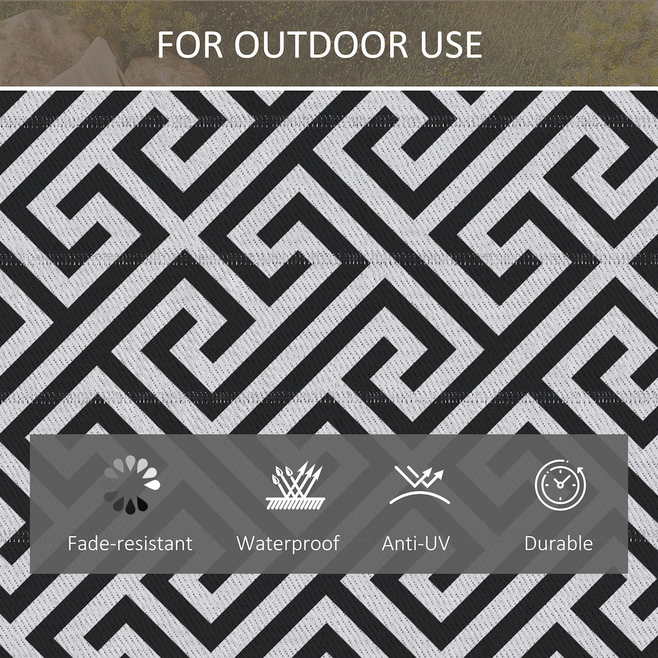image 1 of Outsunny Reversible Outdoor Rug Plastic Straw RV Camping Mat for Garden Deck Picnic Black | Black and White