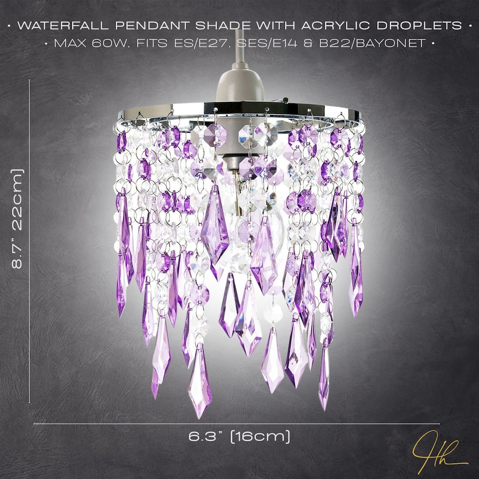 image 1 of Modern Waterfall Design Pendant Shade with Clear/Purple Acrylic Drops and Beads