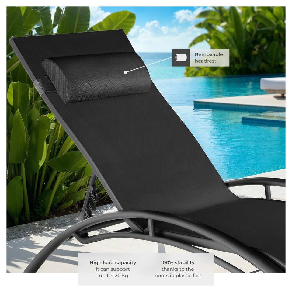 image 1 of Sun Lounger Set of 2 Alina - 5-step backrest, head cushion, aluminium frame | Black | black | 2