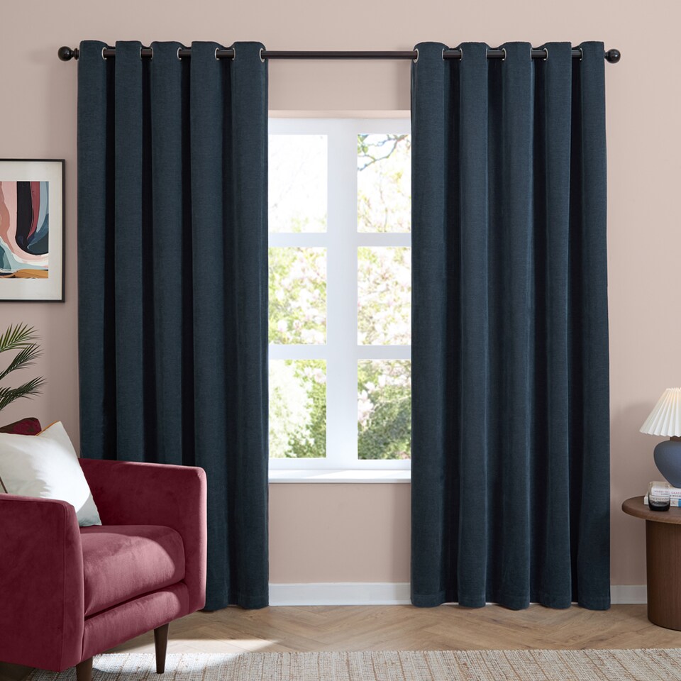 image 1 of Furn Soft Chenille Blackout Eyelet Curtain Pair, 229cm width x 229cm drop | Blue | Navy | 1