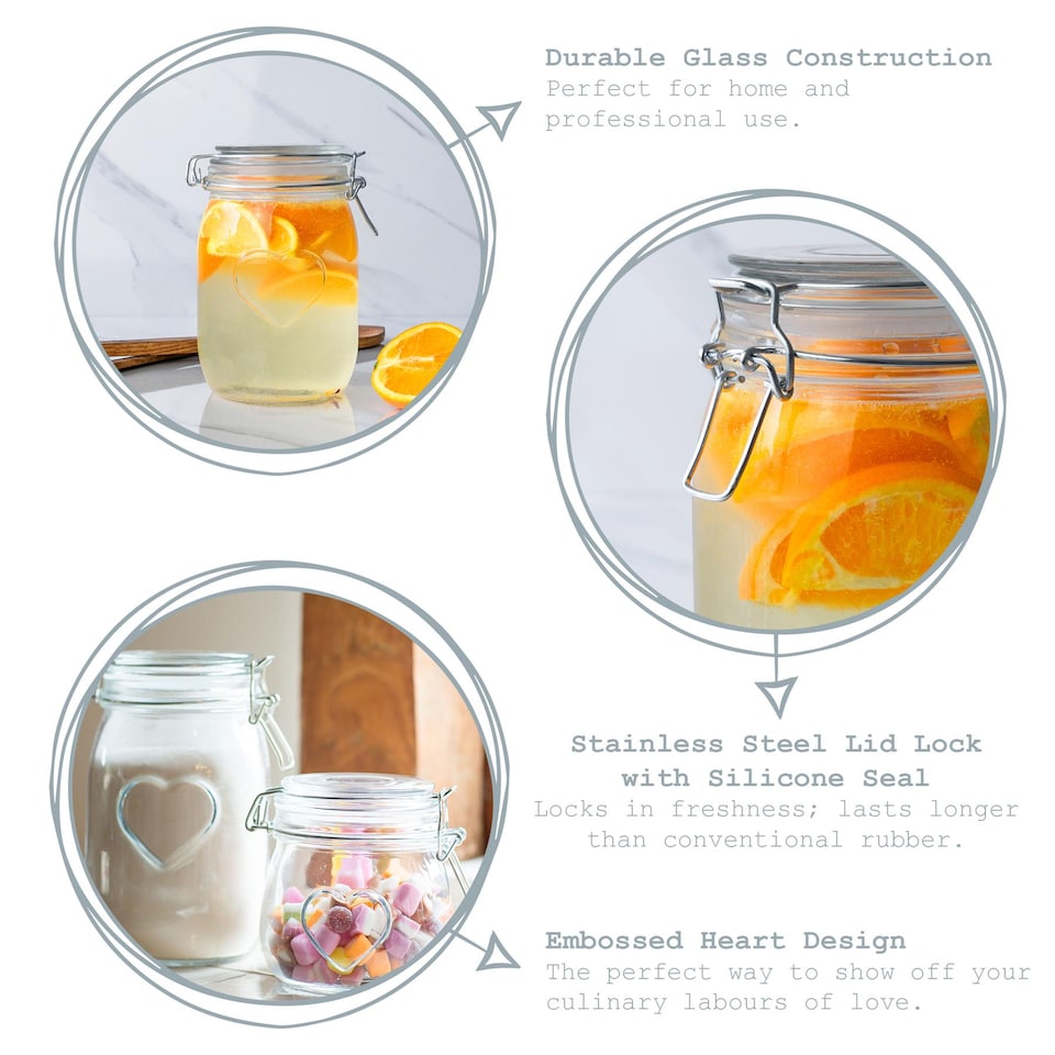 image 1 of Nicola Spring Heart Glass Storage Jars - 1 Litre - Clear Seal - Pack of 3