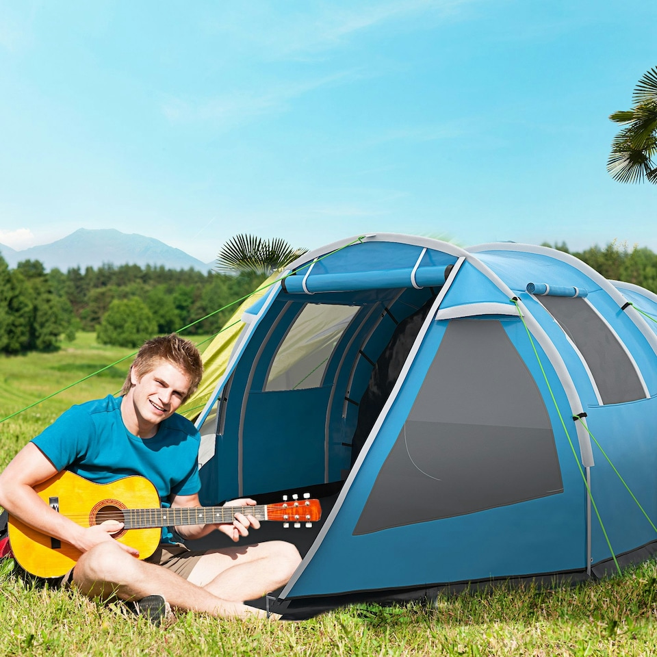 image 1 of Outsunny 3-4 Persons Tunnel Tent, Two Room Camping Tent w/ Windows, Black