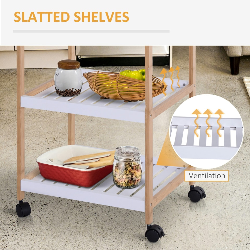 image 1 of HOMCOM Mobile Serving Trolley Kitchen Cart Pine Wood Rolling Wheels White