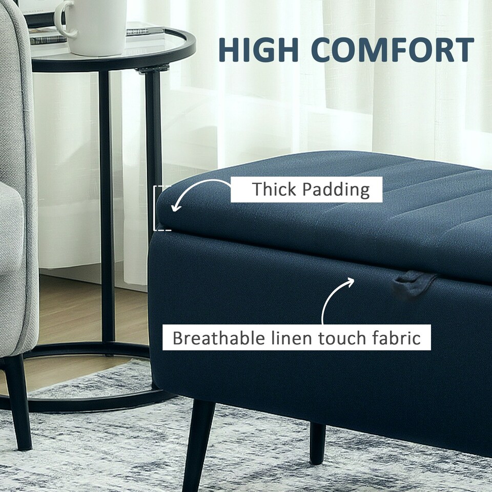 image 1 of HOMCOM Storage Ottoman Bench, Linen Fabric Footstool with Steel Legs Blue