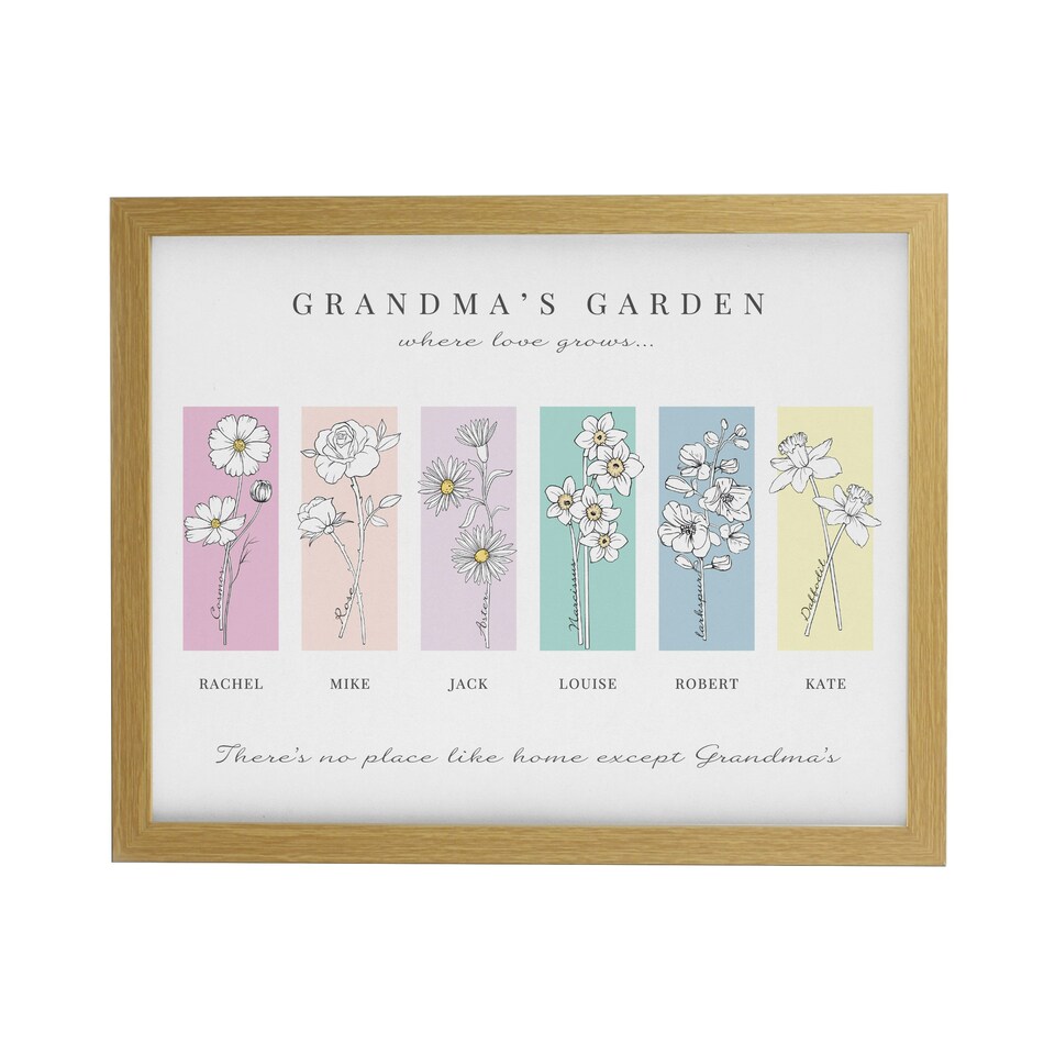 image 1 of Personalised Birth Flower Family of 6 Oak Framed Print Brown | One Size