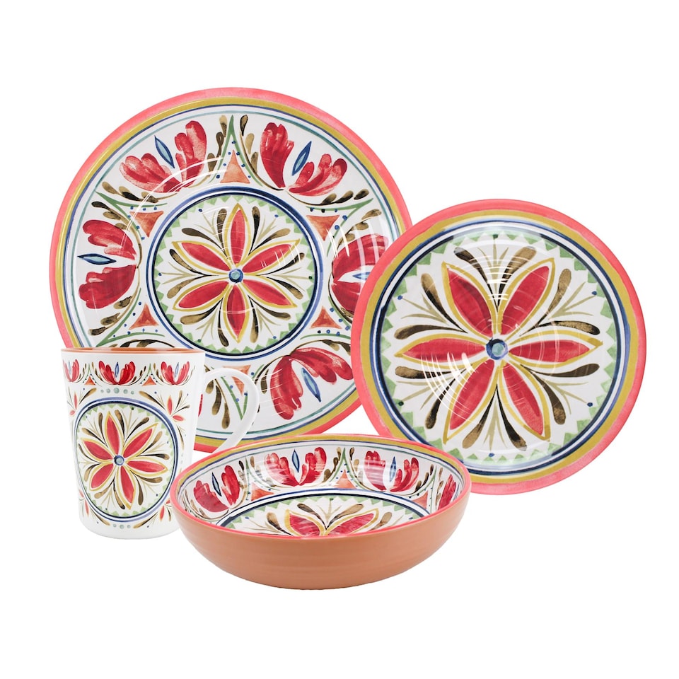 image 1 of Mediterranean 24 Piece Melamine Dinnerware & Mugs Set | Red