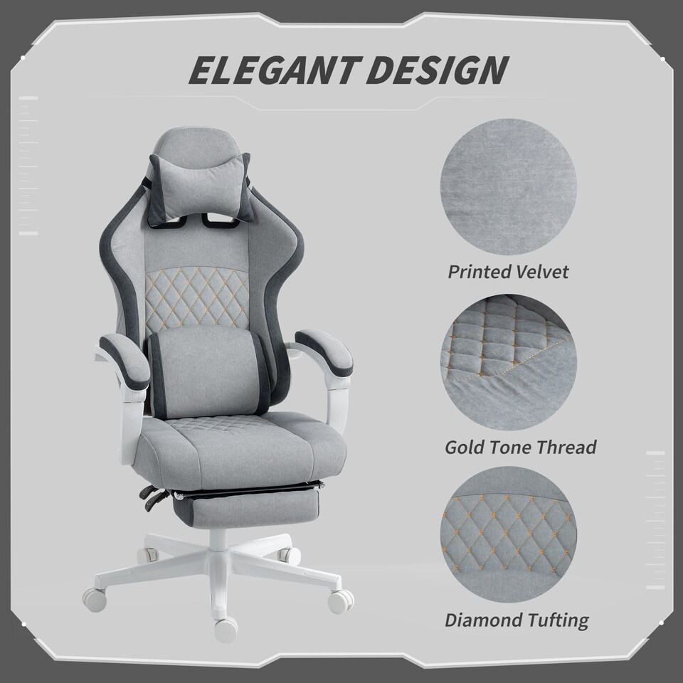 image 1 of HOMCOM Ergonomic High Back Gaming Chair for Adults, Printed Velvet Computer Recliner Chair with Footrest, Lumbar Support, Adjustable Height and 360 Swivel Seat for Office or Gaming, Grey | Grey | Grey