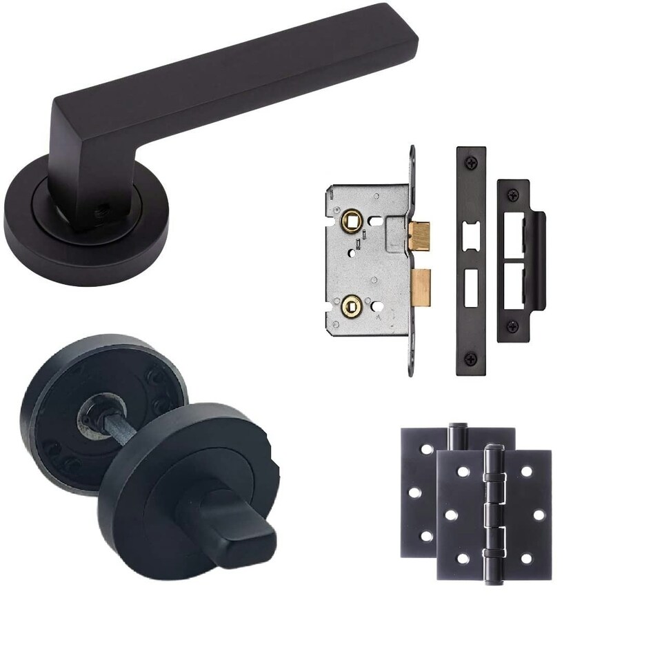 image 1 of Golden Grace 1 Pair Delta Bathroom Door Handles on Round Rose in Matte Black Finish with 1 Pair of Ball Bearing Hinges Mortise Lock and Matching Thumbturn | Black | 1 Set