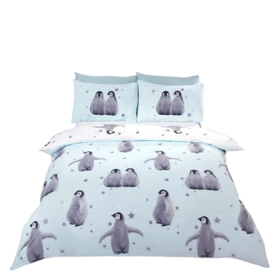 image 1 of Starry Penguins Polycotton Duvet Cover Set With Pillowcase | Blue | Double | 1