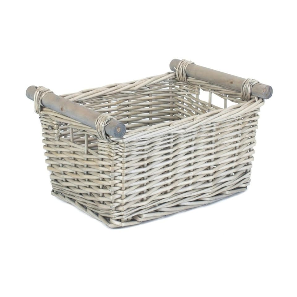 image 1 of Small Grey Wash Wooden Handled Storage Basket | Grey | Grey