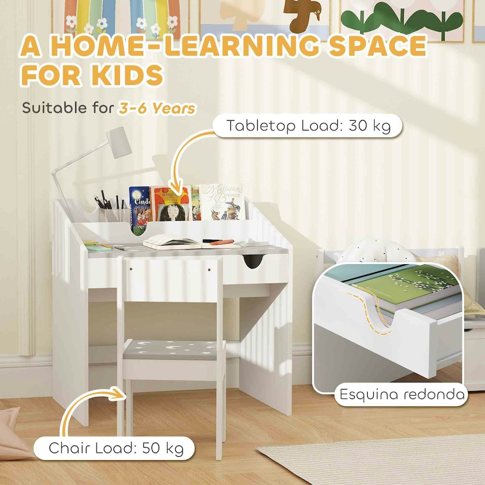 image 1 of AIYAPLAY Children Study Table and Chair w/ Storage, Pull-Out Drawer, Grey Grey