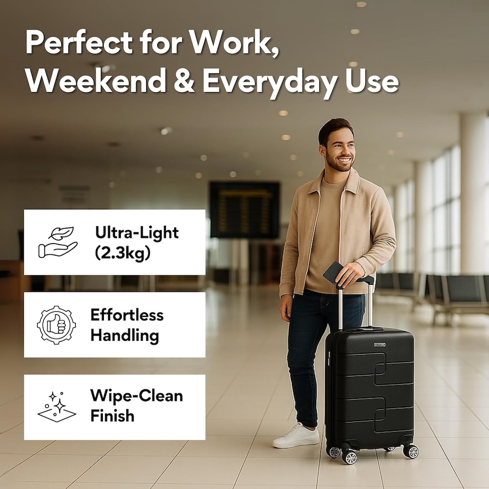 image 1 of Straame 55x40x20 cm Black Cabin Suitcase, 360° Spinner Wheels