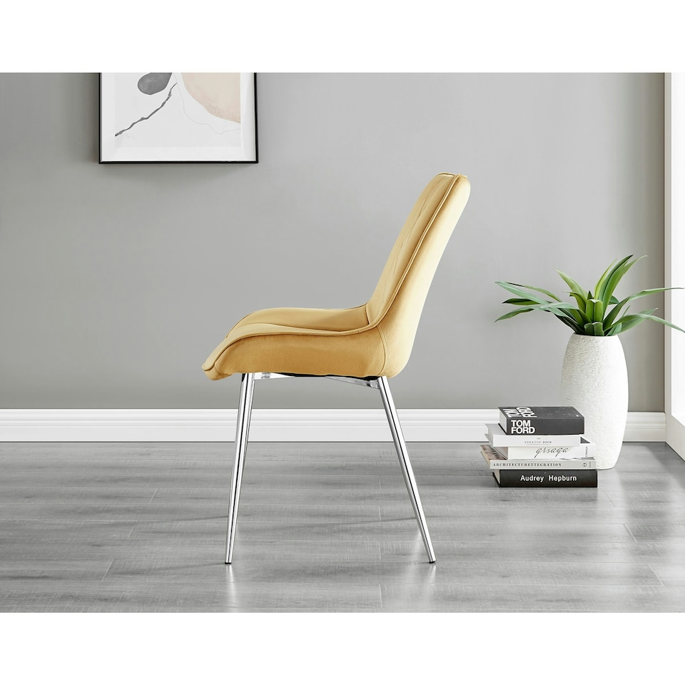 image 1 of Furniturebox 2x Pesaro Mustard Velvet Silver Leg Luxury Dining Chairs
