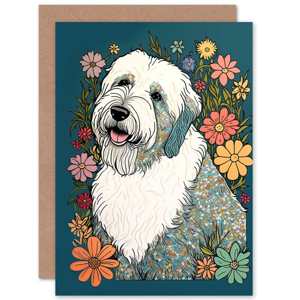 image 1 of English Sheepdog Multi Colour Daisies Birthday Card