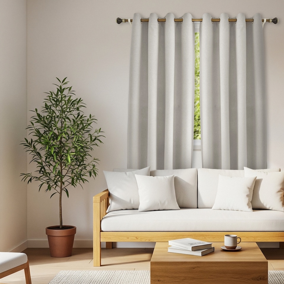 image 1 of Taupe Grey Linen Blackout Eyelet Curtains - 46x54 Inch Drop - 2 Panel | Cream | One Size