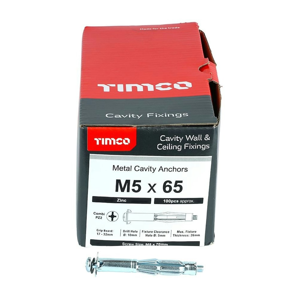 image 1 of Timco - Metal Cavity Anchors - Zinc (Size M5 x 65 (70mm Screw) - 100 Pieces)