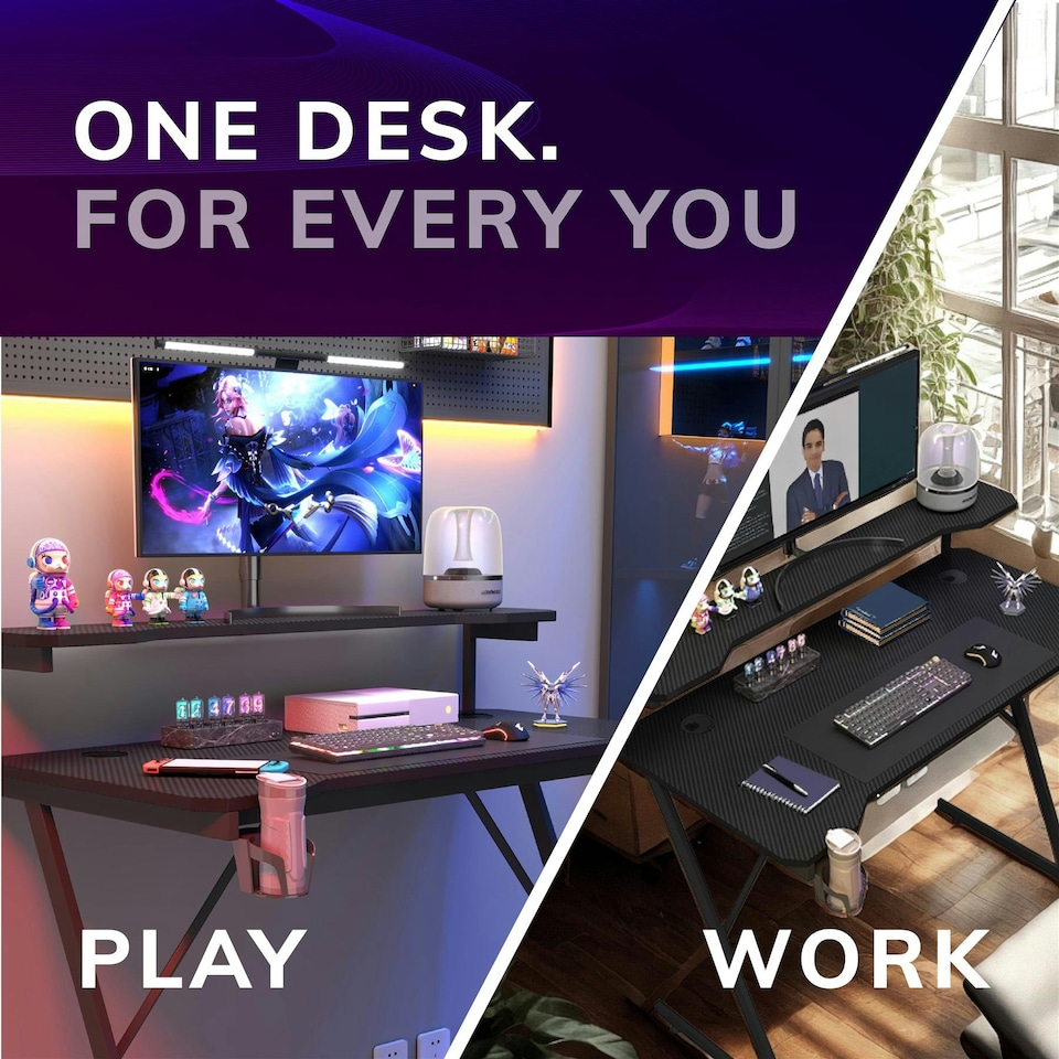image 1 of House of Home Gaming Desk Carbon Fibre Top Black 118cm Black