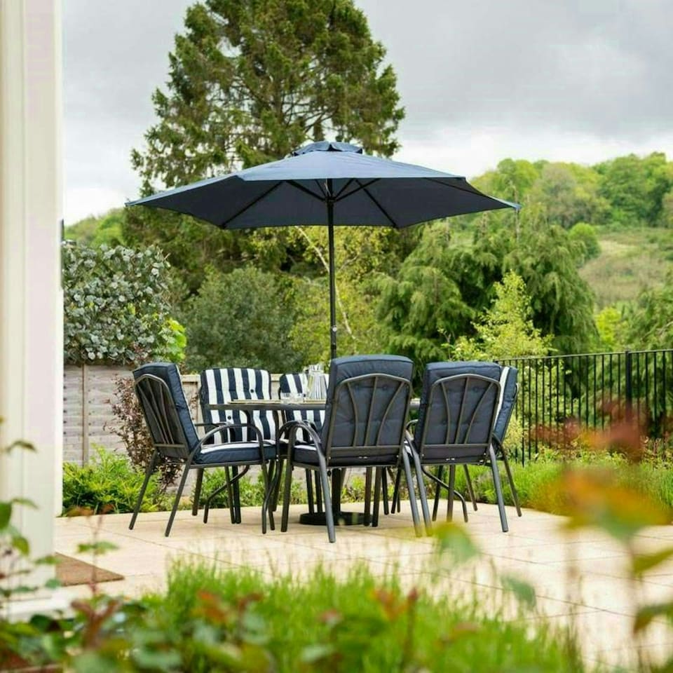 image 1 of Hectare 6 Seater Outdoor Furniture Rectangular Glass Table with Parasol Navy