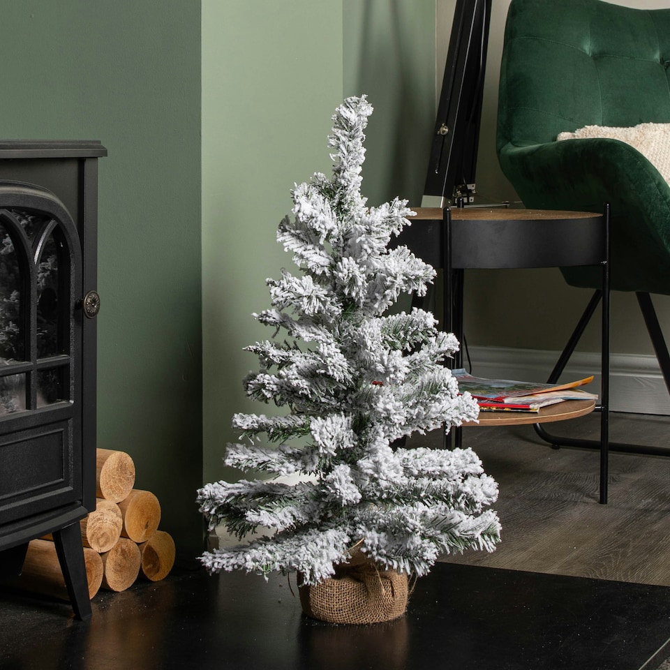 image 1 of 60cm Mini Imperial Snow Flocked Christmas Tree in Burlap Base
