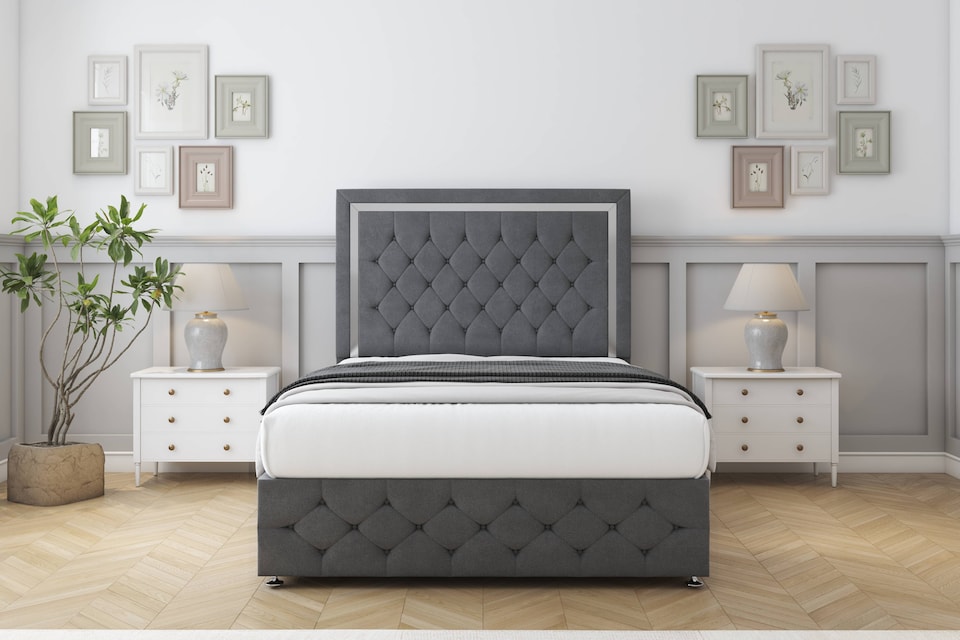 image 1 of Sloomy Sofia Chrome Armour Coniston Divan Bed With Mattress 2 Drawers Footend With 26" Strutted Headboard & 12" Matching Footboard 6' Super King | Grey | Armour | Super King | 1