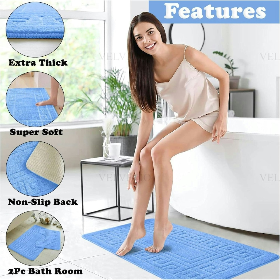 image 1 of VELVETIO Greek Bath Mat & Pedestal Mat Water Absorbent Non Slip Toilet Rugs Blue