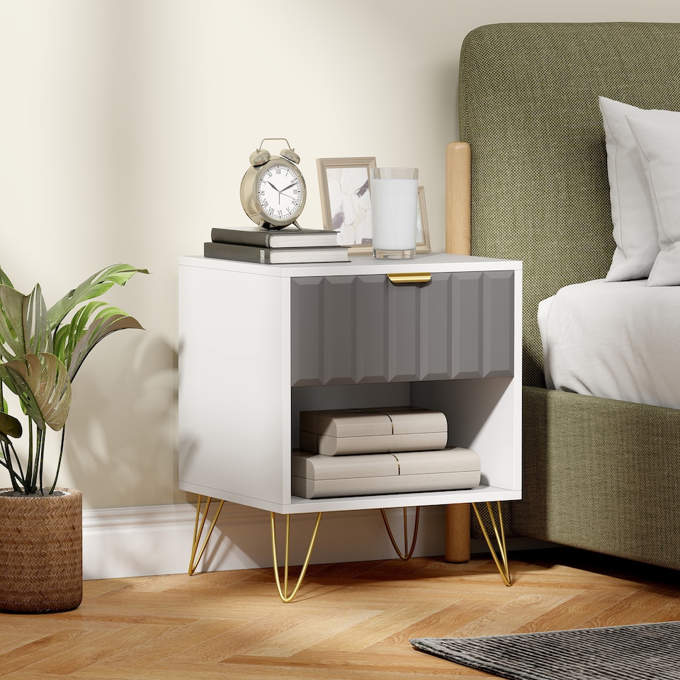 image 1 of HOMCOM Bedside Table with Drawer, Modern Bedside Cabinet with Open Compartment and Handle, Bedside Drawers for Bedroom, Living Room, White
