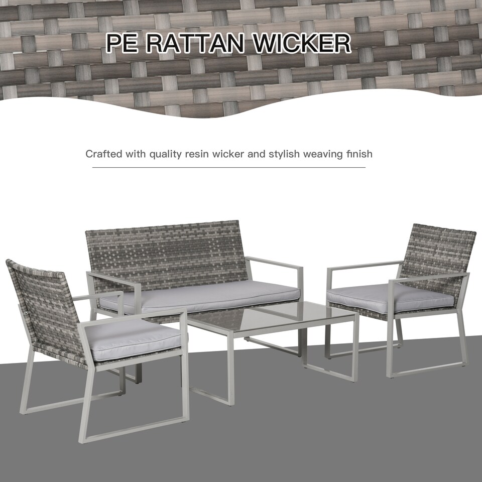 image 1 of Outsunny 4PC Rattan Garden Furniture Set 2 Single Sofa Arm Chairs 1 Bench with Cushions & Coffee Table Patio Backyard Wicker Weave