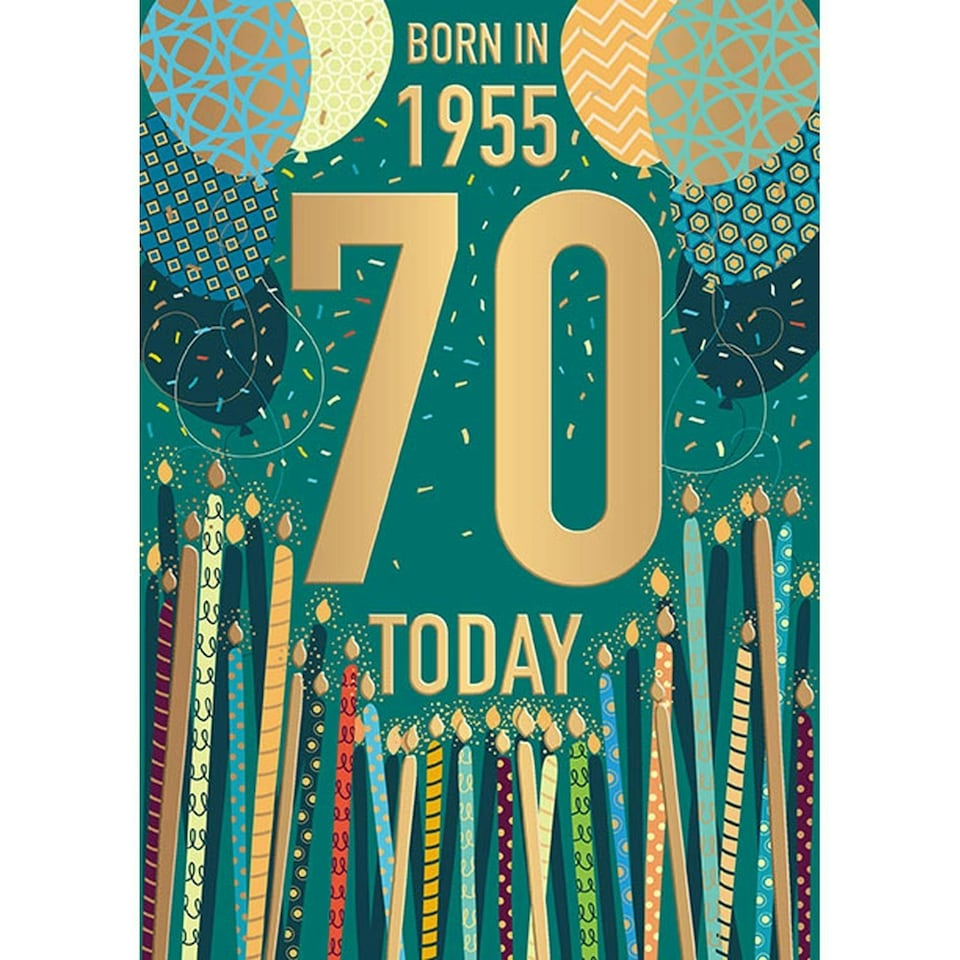 Words 'n' Wishes Male 70th Birthday Card, Happy Birthday Card Age 70 with Born in 1955 Balloons and Candle, Birthday Card for Men
