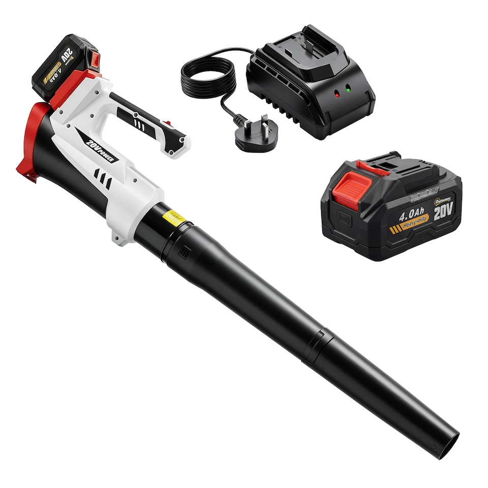 image 1 of Outsunny Leaf Blower Cordless with 4000mAh Battery & Charger | White | White with red and black accents | 97L x 11W x 21.5H cm