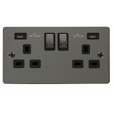 SE HOME Flat Plate Black Nickel 2 Gang 13A DP Ingot 2 USB Twin Double Switched Plug Socket - Black Trim - SE Home Black | Nickel