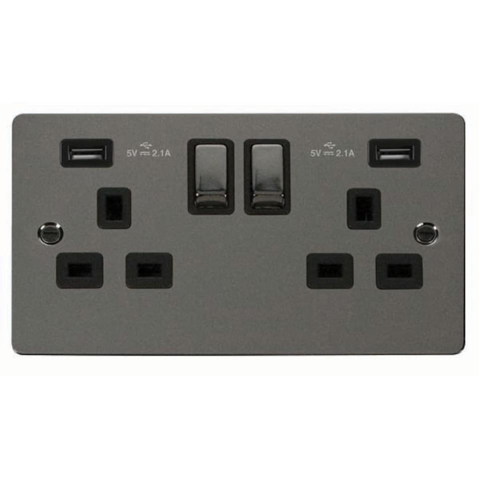 SE HOME Flat Plate Black Nickel 2 Gang 13A DP Ingot 2 USB Twin Double Switched Plug Socket - Black Trim - SE Home Black | Nickel