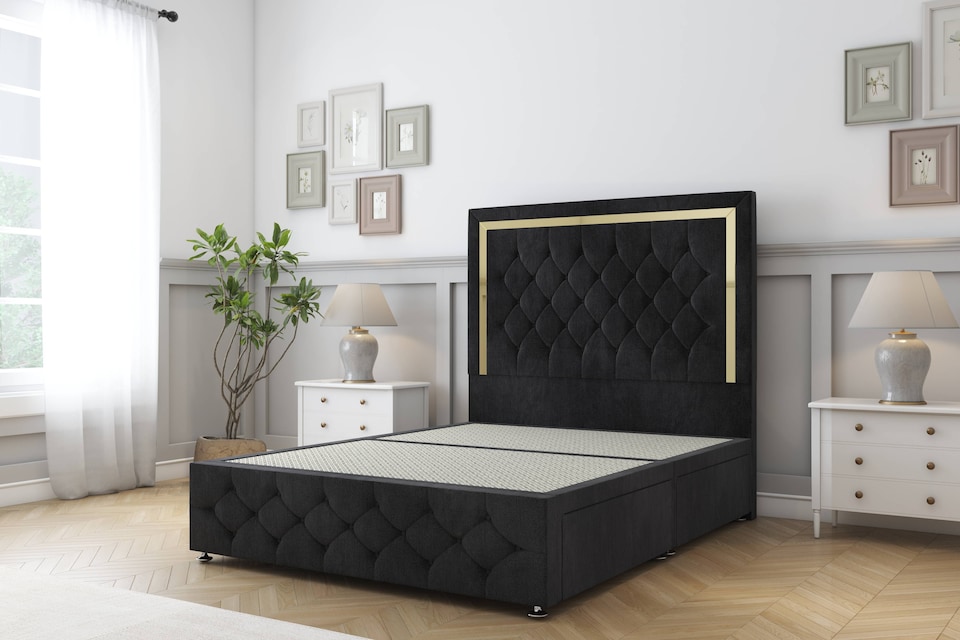 image 1 of Sloomy Sofia Gold Black Naples Divan Bed Base 2 Drawers Right Side With 54 Inch Floor Standing Headboard & 12 Inch Matching Footboard | Black | Black | Small Single | 1