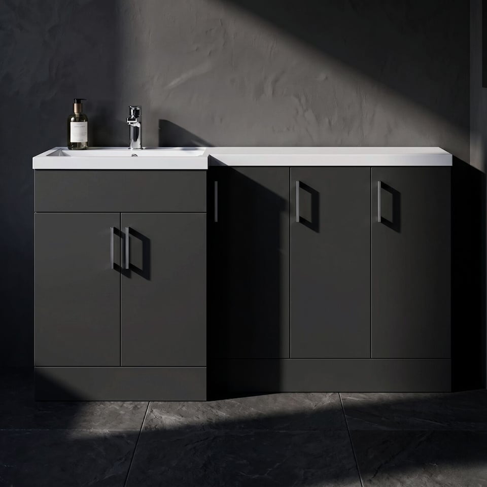 image 1 of Balterley Wichnor Floor Standing 3 Door, Open Shelf Vanity Basin WC Unit with Toilet Roll Holder and Polymarble Basin, 1500mm, Right Hand, Dark Grey