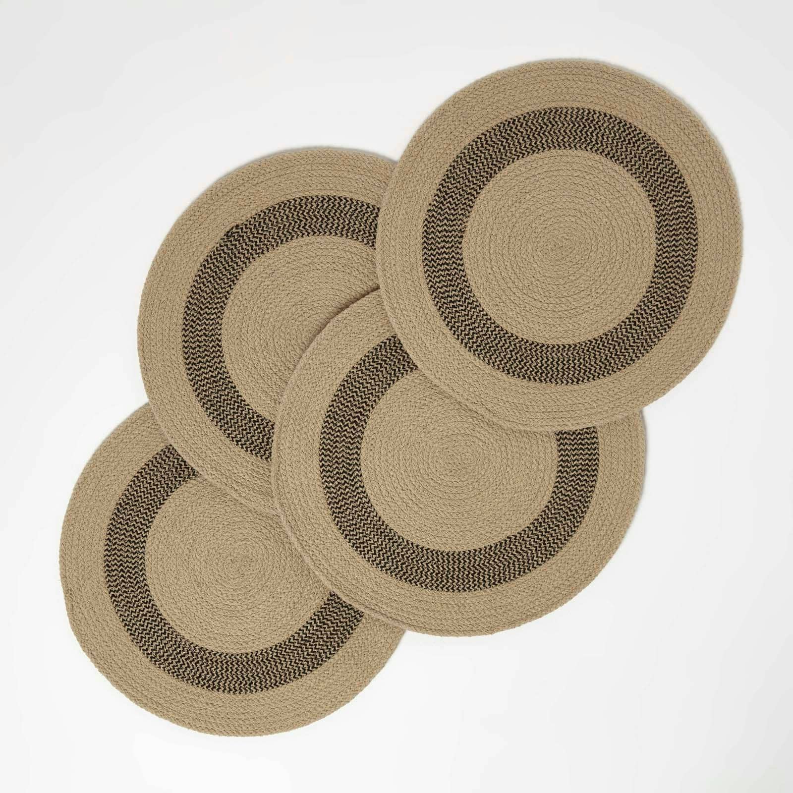 Homescapes Linen & Black Braided 100% Cotton Round Placemats Set of 4 Black 4