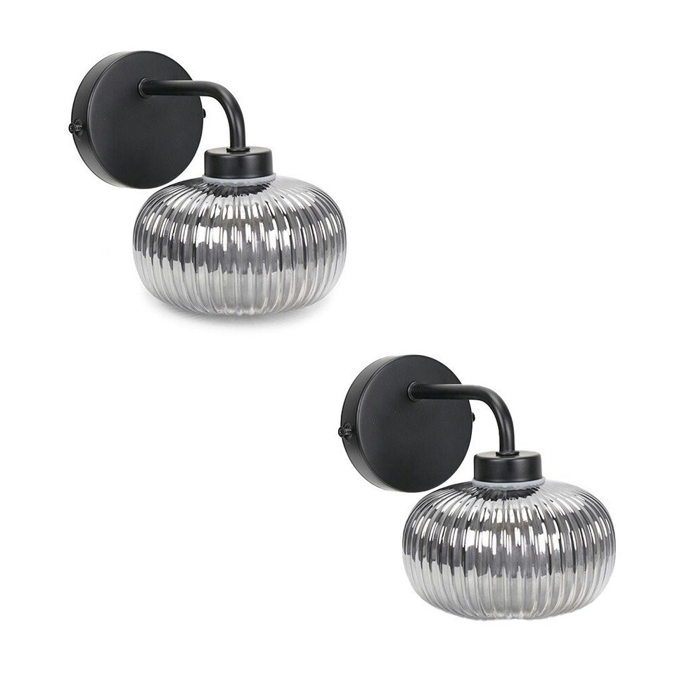 image 1 of ValueLights Amaia Pair of Black IP44 Single Smoked Ribbed Glass Wall Lights with LED Bulbs