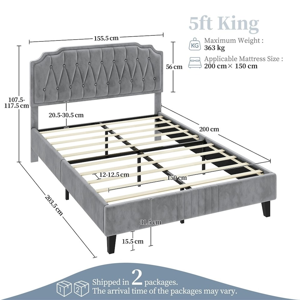 image 1 of Yaheetech 5ft King Upholstered Bed Frame with Button-Tufted Headboard Light Grey