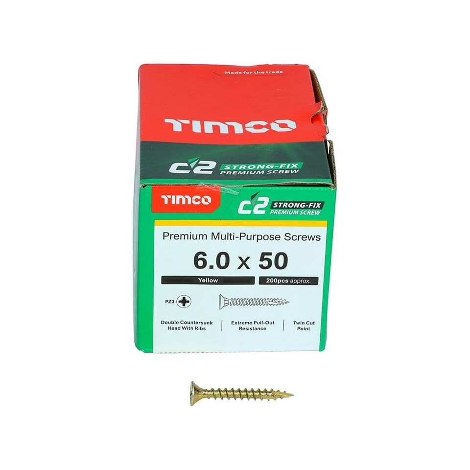 image 1 of Timco - C2 Strong-Fix Multi-Purpose Premium Screws - PZ - Double Countersunk - Yellow (Size 6.0 x 50 - 200 Pieces)