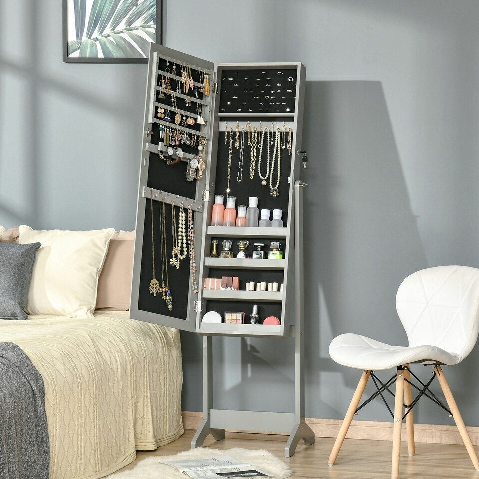 image 1 of HOMCOM Mirrored Jewellery Cabinet Lockable Jewellery Organiser for Bedroom Grey