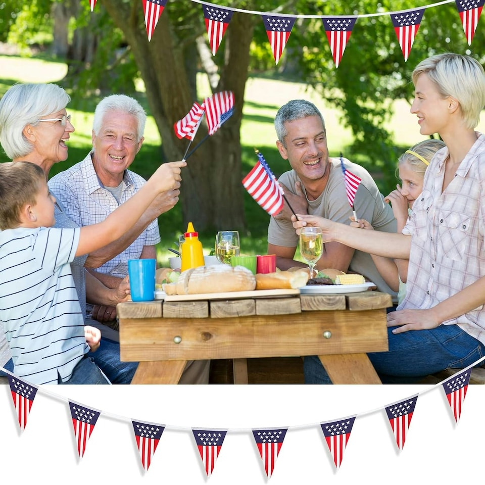 image 1 of USA Flag Triangle Party Bunting 10m with 20 Flags